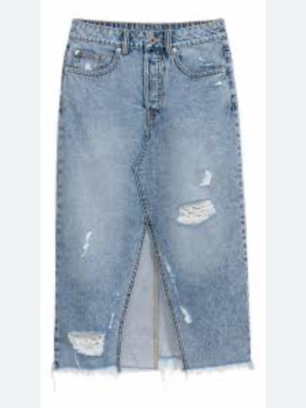 H&M Light Blue Distressed Denim Midi Skirt with Front Slit